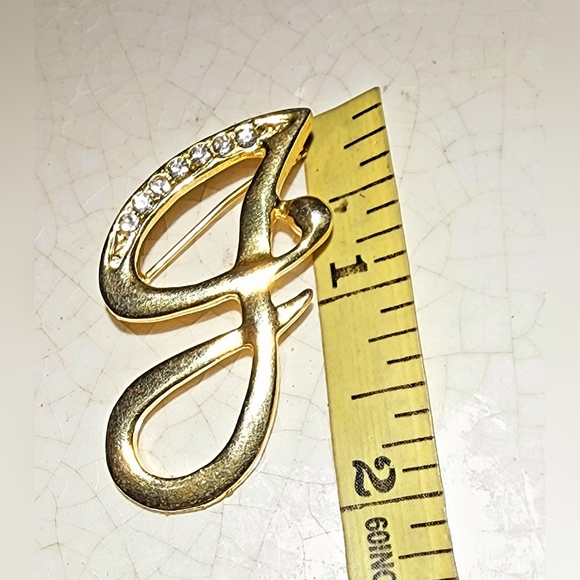 1990s Gold and rhinestone cursive g brooch, initial, gorgeous, girl, girlfriend - Picture 3 of 5